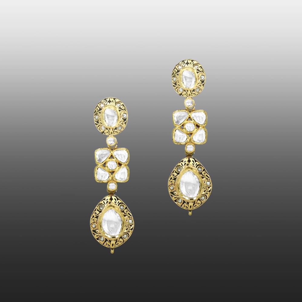 Polki Earrings with Teardrop Design in Partash work